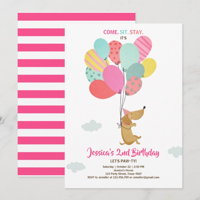 Puppy dog Birthday invitation Balloons Girl pink (Front/Back)