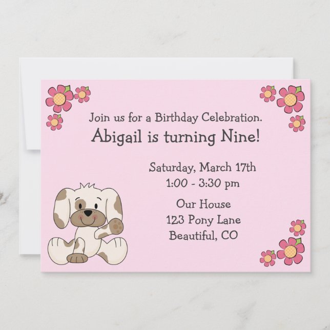 Puppy Dog Birthday Invitations for Girls (Front)