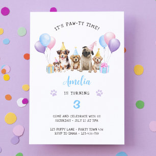 Puppy Dog Birthday Party Blue Watercolor Invitation