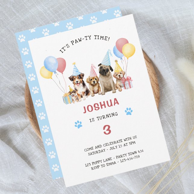 Puppy Dog Birthday Party Red Blue Watercolor Invitation (Creator Uploaded)