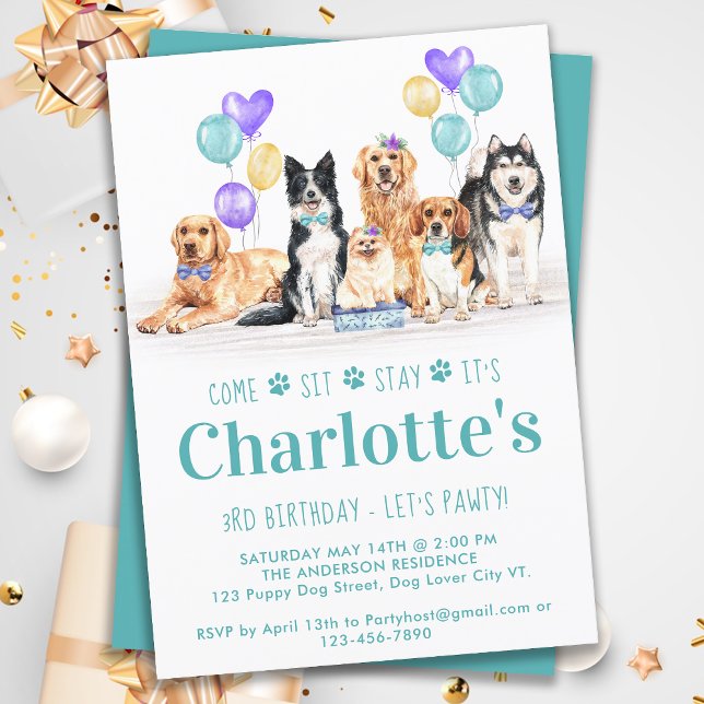 Puppy Dog Birthday Party Teal Girl Invitation (Creator Uploaded)