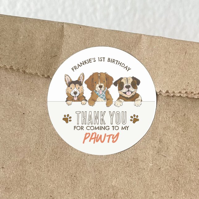 Puppy Dog Birthday Party Thank You Classic Round Sticker (Creator Uploaded)