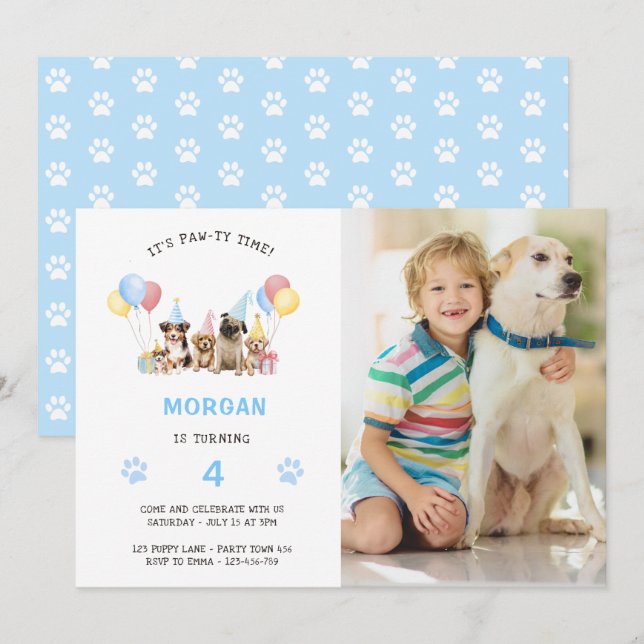 Puppy Dog Birthday Party Watercolor Photo Blue Invitation (Front/Back)