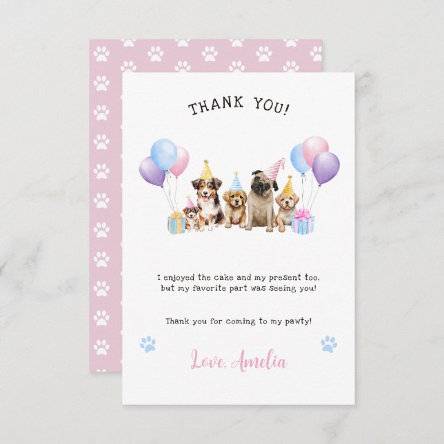 Puppy Dog Birthday Party Watercolor Thank you Card (Front/Back)