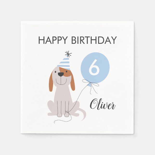 Puppy Dog Blue Birthday Party Napkin (Front)
