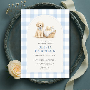 Puppy Dog Blue Gingham Boys Baby Shower Invitation