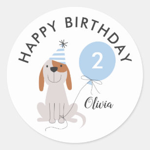 Puppy Dog Blue Happy Birthday Tag Sticker