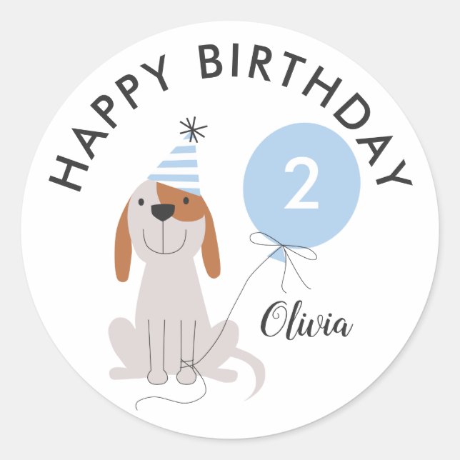 Puppy Dog Blue Happy Birthday Tag Sticker (Front)