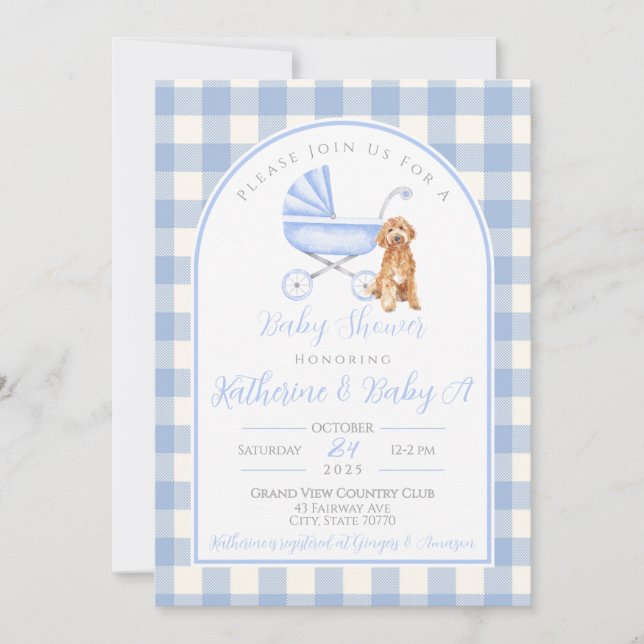 Puppy Dog Boy Baby Shower Gingham Invitation (Front)
