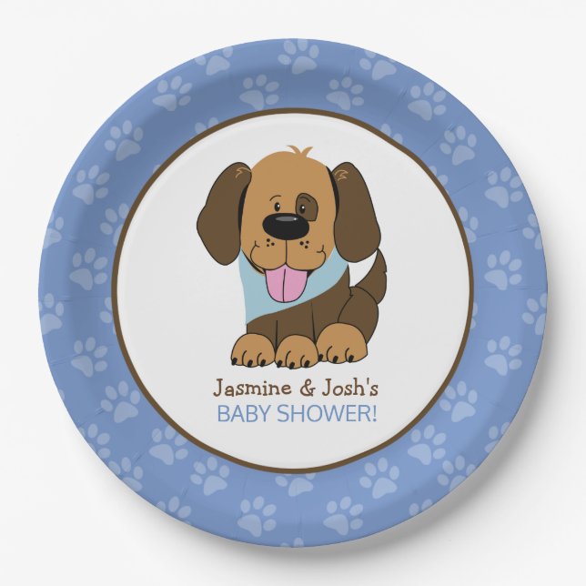 Puppy Dog Boy Baby Shower Paper Plates (Front)