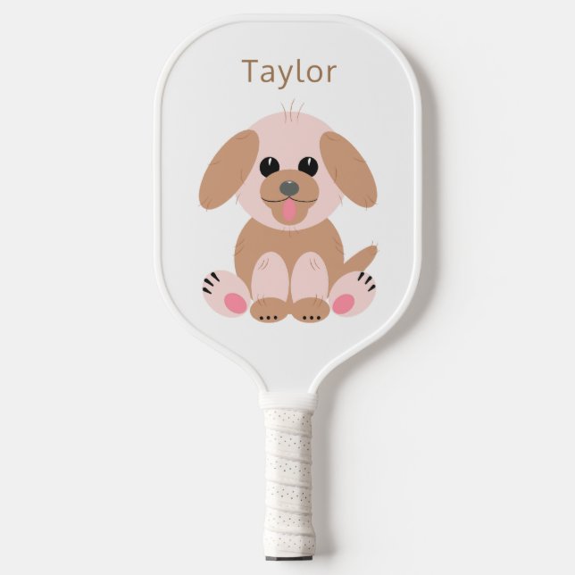 Puppy Dog Cartoon Cute Pastel Neutral Personalised Pickleball Paddle (Front)