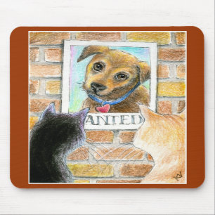 Puppy dog, cats, "wanted" poster mouse pad
