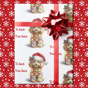 Puppy Dog Christmas Lights Personalise Name Santa Wrapping Paper