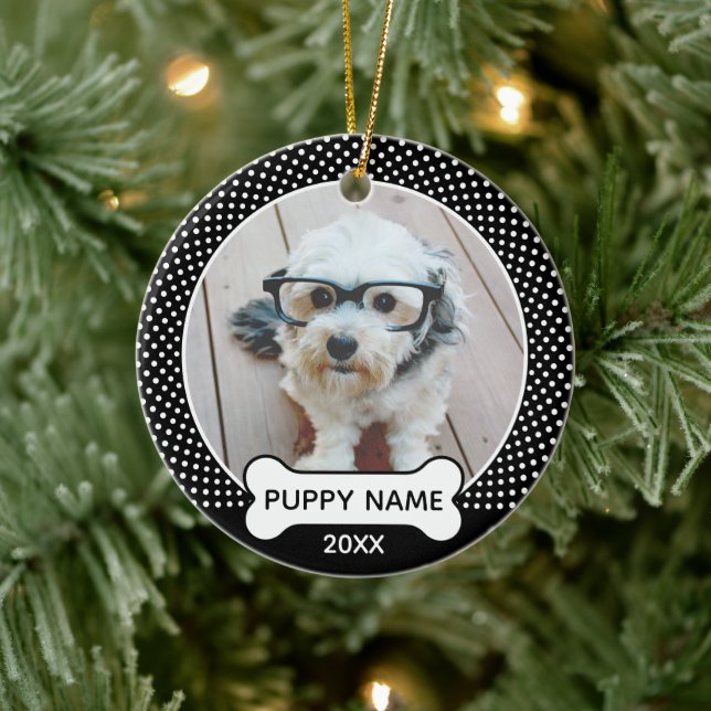 Puppy Dog Christmas Photo Polka Dot Black Ceramic Tree Decoration (Tree)
