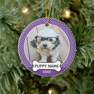 Puppy Dog Christmas Photo Polka Dot Purple Ceramic Tree Decoration