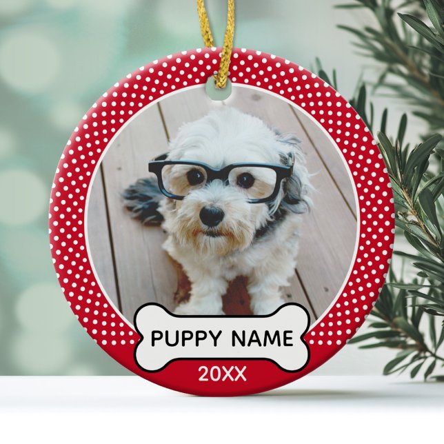 Puppy Dog Christmas Photo Polka Dot Red White Ceramic Tree Decoration (A cute pet photo ornament with a dog bone text area)