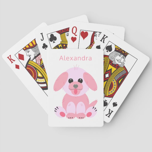 Puppy Dog Cute Cartoon Blush Pink Personalised Playing Cards (Back)