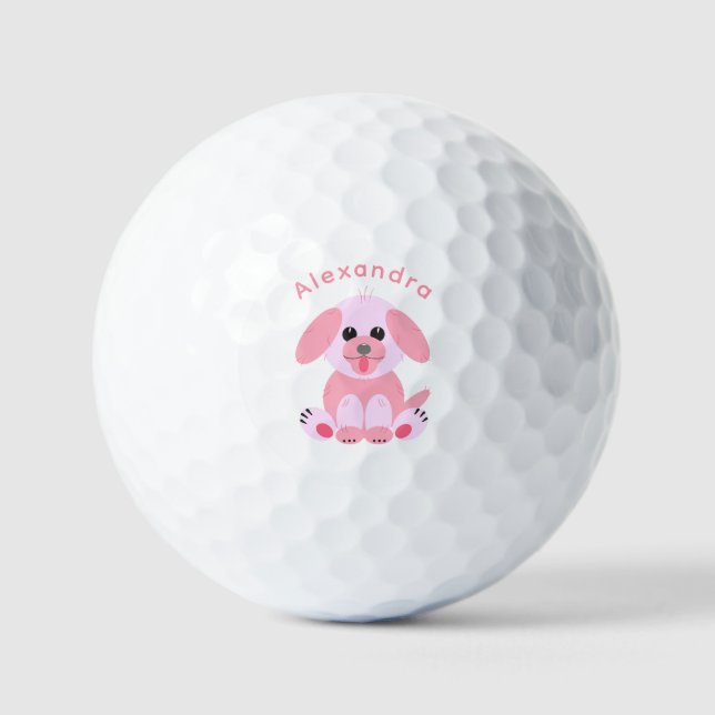 Puppy Dog Cute Cartoon Personalised Blush Pink Golf Balls (Front)