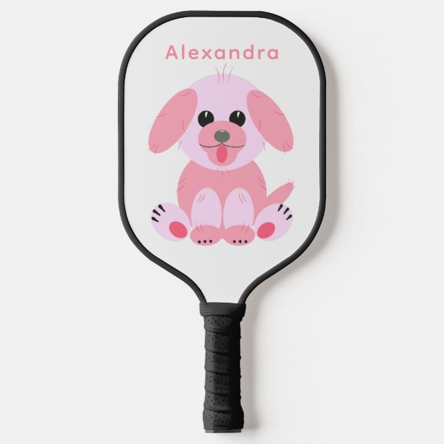 Puppy Dog Cute Cartoon Personalised Blush Pink Pickleball Paddle (Front)