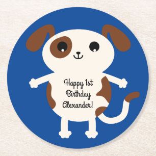 Puppy Dog Cute Colourful 1st Birthday Party Theme Round Paper Coaster