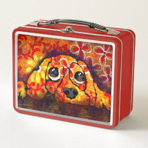 Puppy Dog Eyes Whimsical Abstract Floral Orange Metal Lunch Box