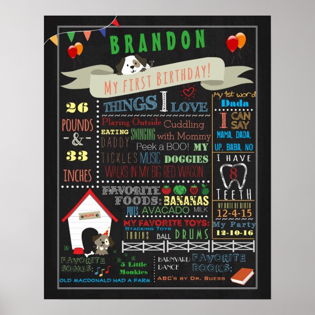 Puppy Dog First Birthday Poster 16x20 (Front)