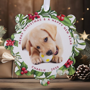 Puppy Dog First Christmas Custom 2 Photo Mistletoe Tree Decoration Card