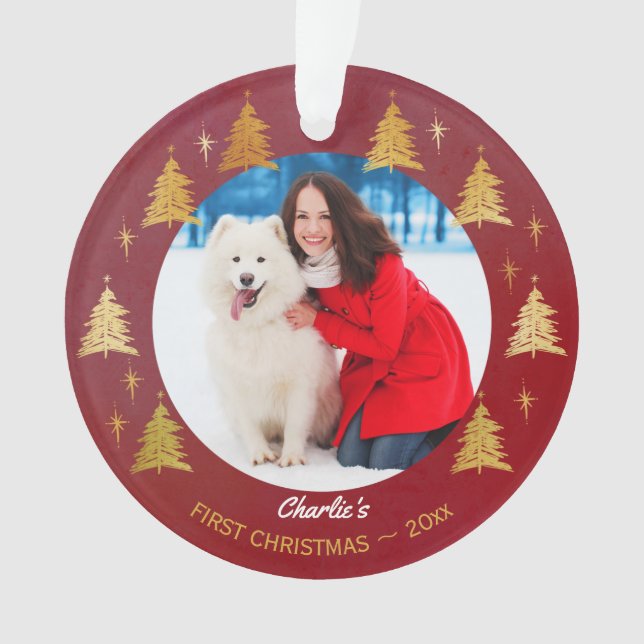 Puppy Dog First Christmas Pet Photo Red Tree Ornament (Front)