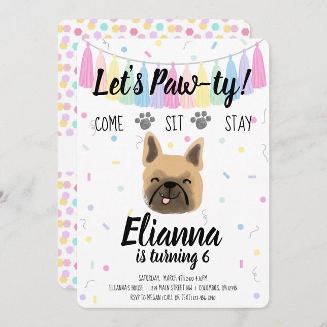 Puppy Dog Frenchie Girl Birthday Pawty Invitation (Front/Back)