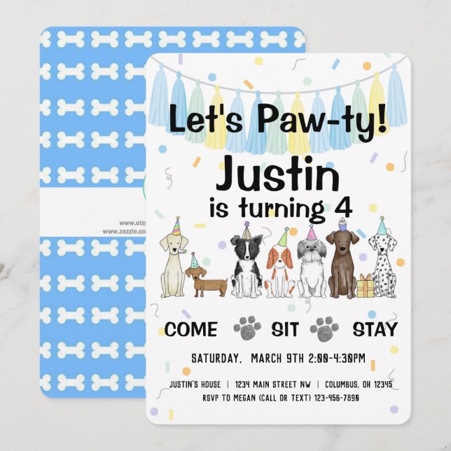 Puppy Dog Gender Neutral or Boy Birthday Pawty Invitation (Front/Back)