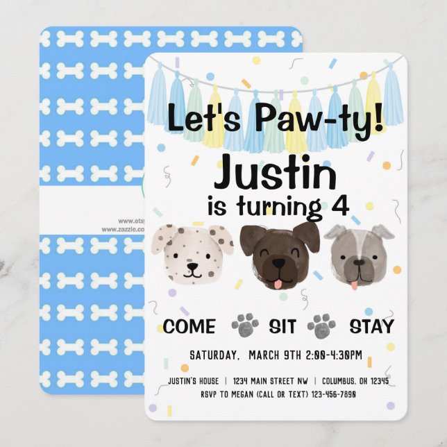 Puppy Dog Gender Neutral or Boy Birthday Pawty Invitation (Front/Back)