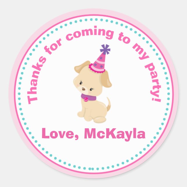 Puppy Dog Girl Birthday Party Favour Tag Sticker (Front)
