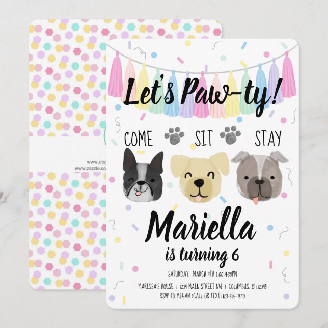 Puppy Dog Girl Birthday Pawty Invitation (Front/Back)