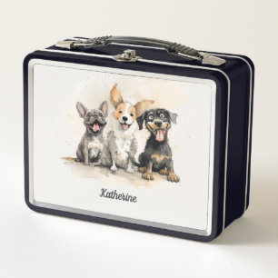 Puppy Dog Girls Watercolor Personalized Metal Lunch Box