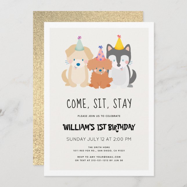 Puppy Dog Gold Glitter Birthday Pawty Invitation (Front/Back)