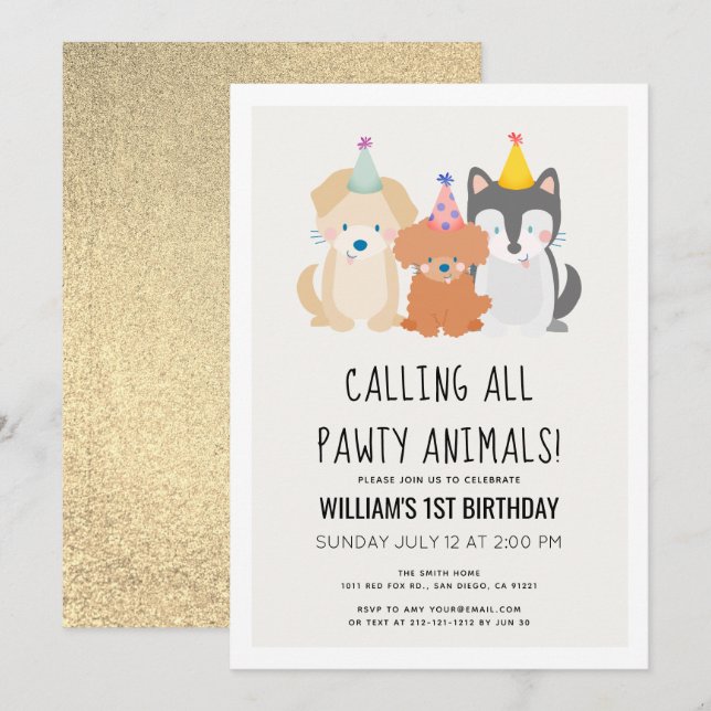 Puppy Dog Gold Glitter Pawty Animals Birthday Invitation (Front/Back)