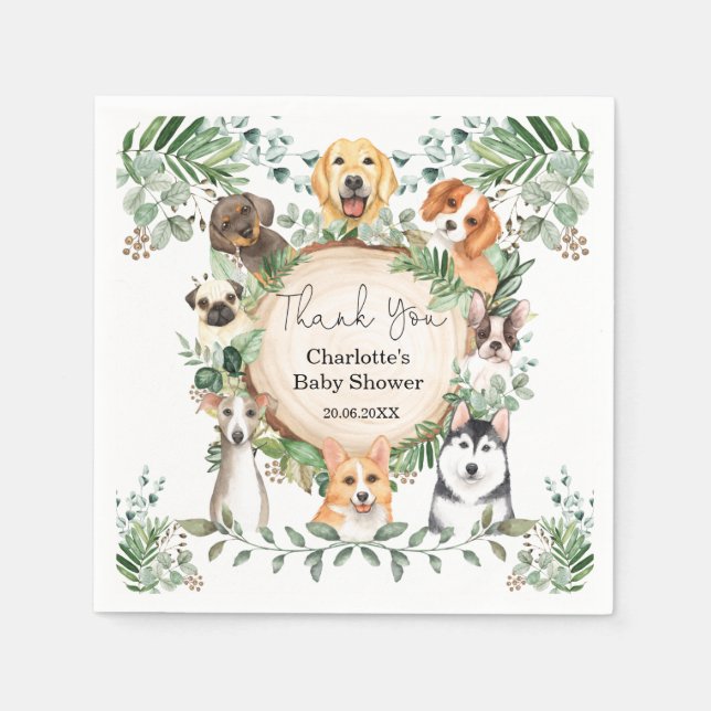 Puppy Dog Greenery Leaves Baby Shower 1st Birthday Napkin (Front)