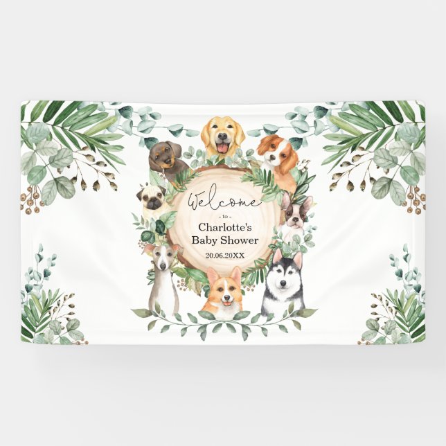 Puppy Dog Greenery Leaves Baby Shower Welcome Banner (Horizontal)