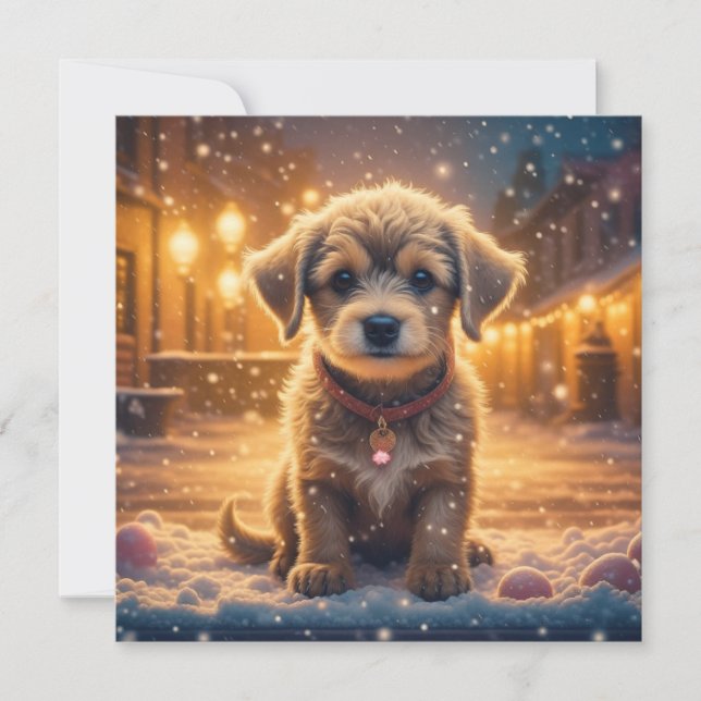  Puppy Dog in the Snow Personalised Christmas Card (Front)