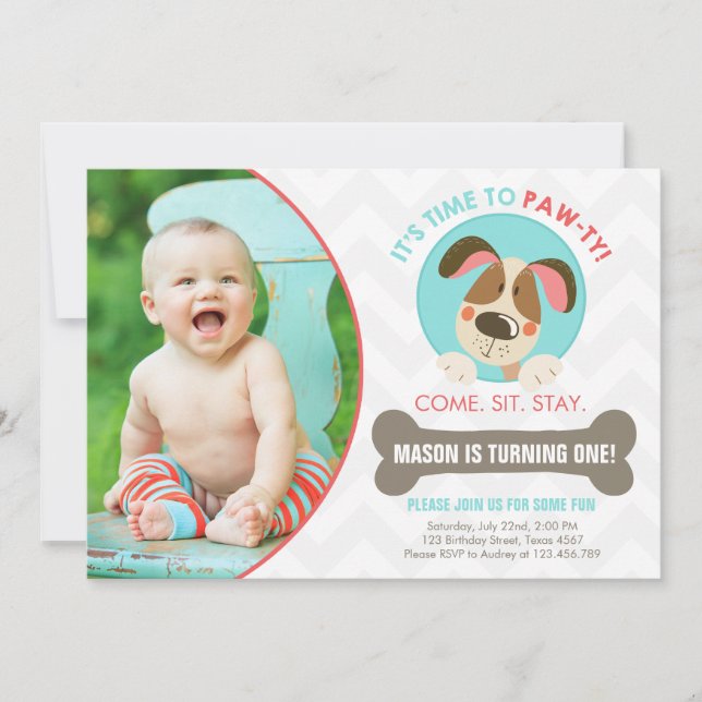 Puppy dog invitation blue red chevron (Front)