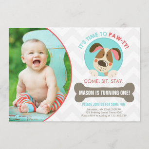 Puppy dog invitation blue red chevron