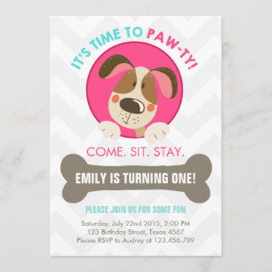 Puppy dog invitation pink turquoise chevron
