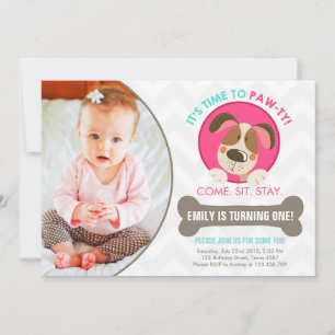 Puppy dog invitation pink turquoise chevron