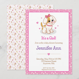 Puppy Dog It's a Girl Pink Hair Bow Baby Shower Invitation