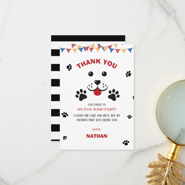 Puppy Dog Lets Pawty  Birthday Boy Thank You Card (Front/Back In Situ)