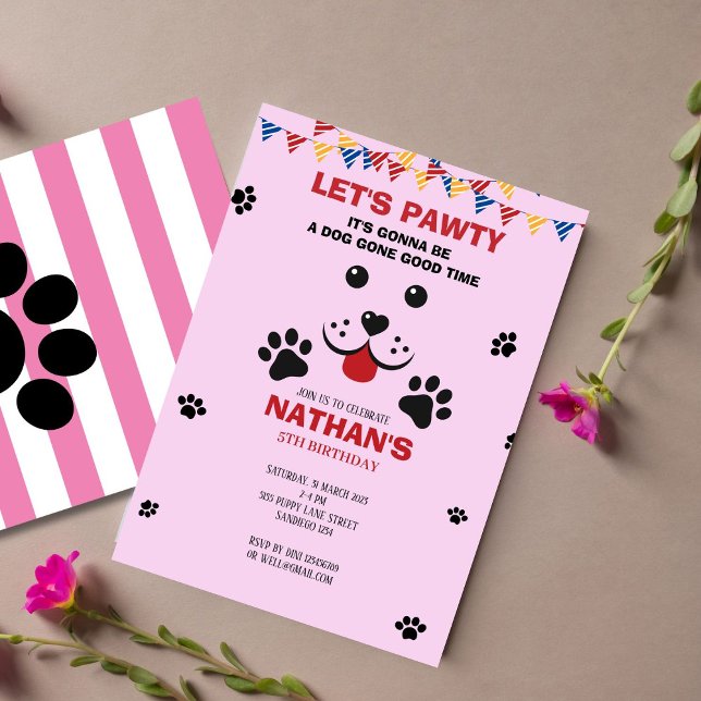 Puppy Dog Lets Pawty Birthday Girl Invitation (Creator Uploaded)