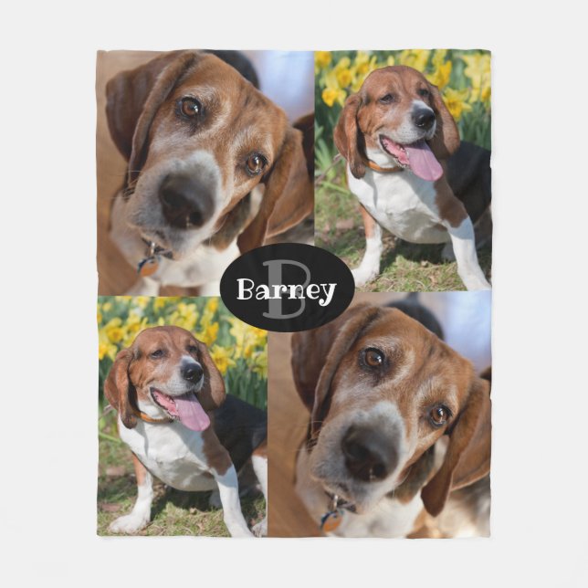 Puppy Dog Lover 4 Photos Name & Monogram Custom Fleece Blanket (Front)