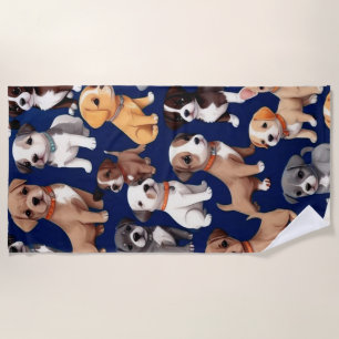 Puppy Dog Navy Blue Pattern Design Beach Towel