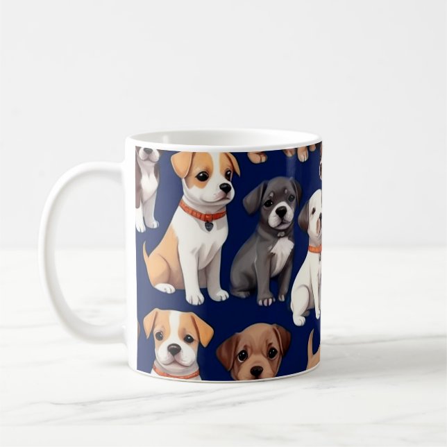 Puppy Dog Navy Blue Pattern Design Coffee Mug (Left)