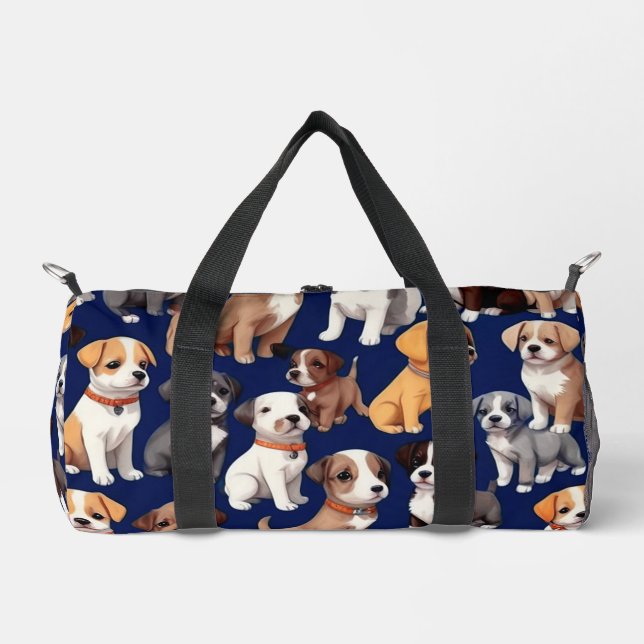 Puppy Dog Navy Blue Pattern Design Duffle Bag (Front)